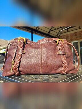 Vintage Fossil Leather Braided Shoulder Bag Drawstring Hobo Brown Y2K Boho